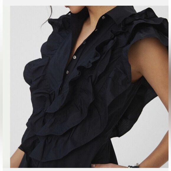 Maeve Anthropologie Button Front Ruffled Little Black Mini Dress Size 4 - Picture 4 of 13